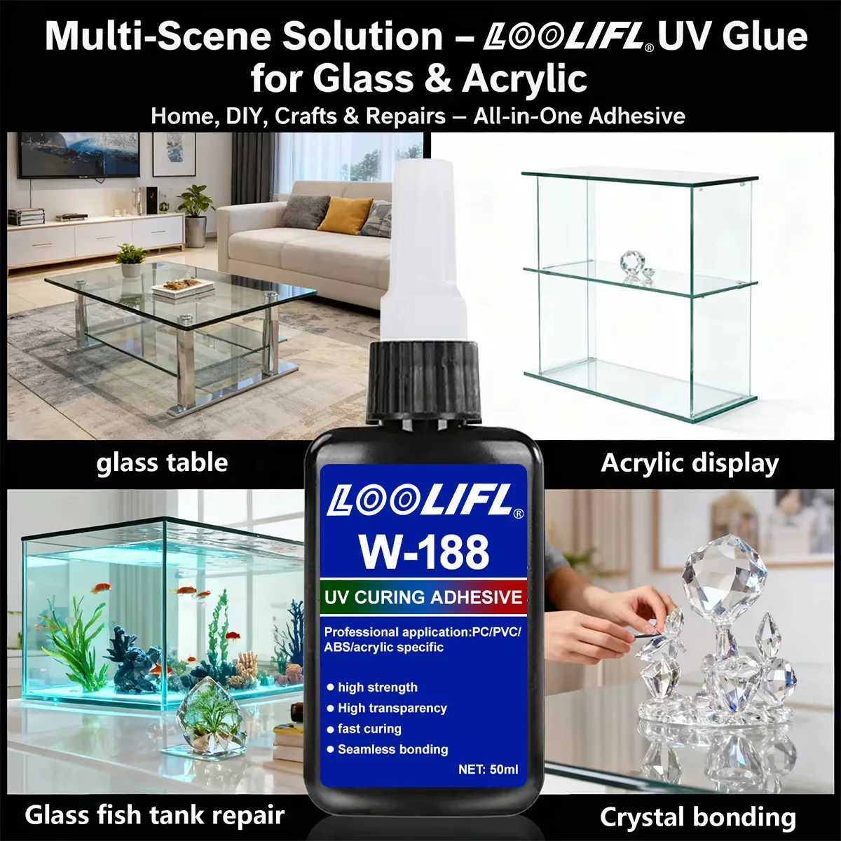 LOOLIFL W‑188 UV Shadowless Glue UV Light Curing Adhesive High Transparent Traceless Bond for Glass to Glass Glass‑Metal Crystal