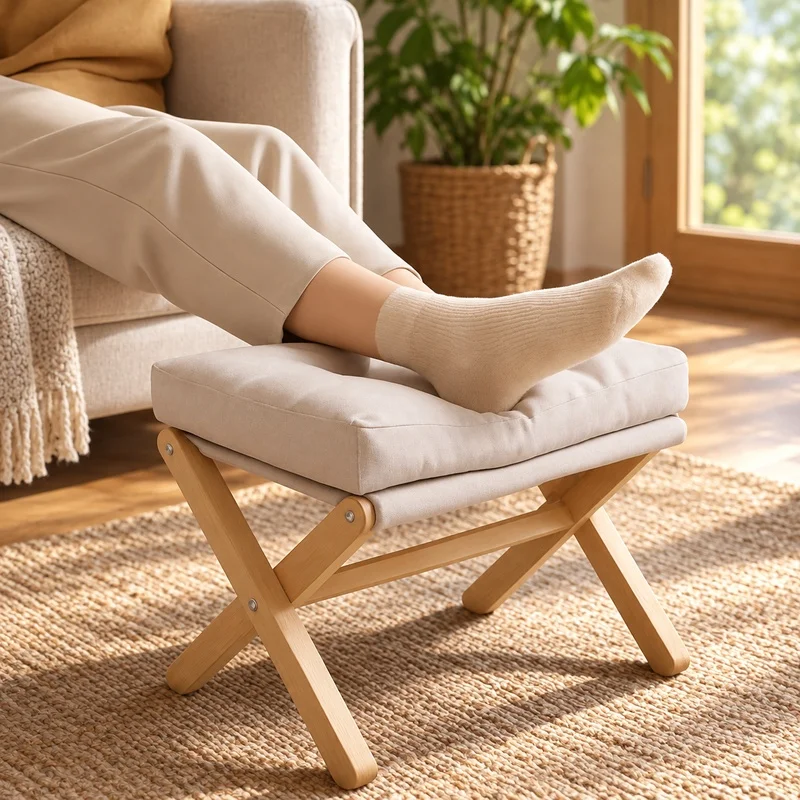Wooden Foldable Footstool Featuring a Plush Cotton Seat, Ideal for Living Room or Entryway Use