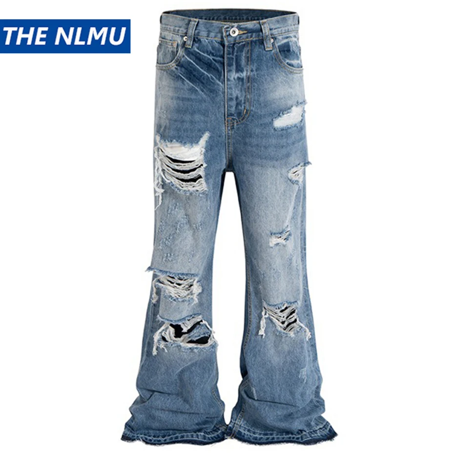 

Men's Fashion Ripped Jeans Blue Distressed Flared Denim Pants Baggy Jeans Trousers Male Luxury Designer Jeans