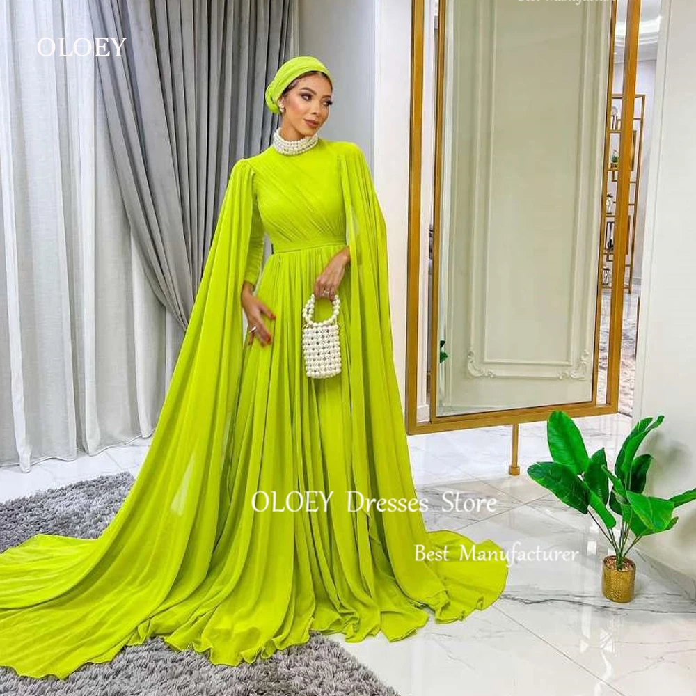 

OLOEY Modest Muslim Dubai Arabic Evening Dresses Bright Green Long Sleeves High Neck Cape Chiffon Formal Prom Gowns Party Dress