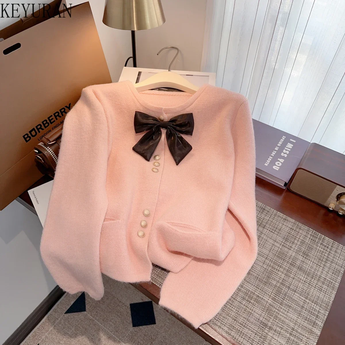 Sweet BowKnot Sweater Jacket Women Knitted Cardigan Pink Vintage Fashion O-neck Long Sleeve Single Breasted Knitwear Tops Jumper