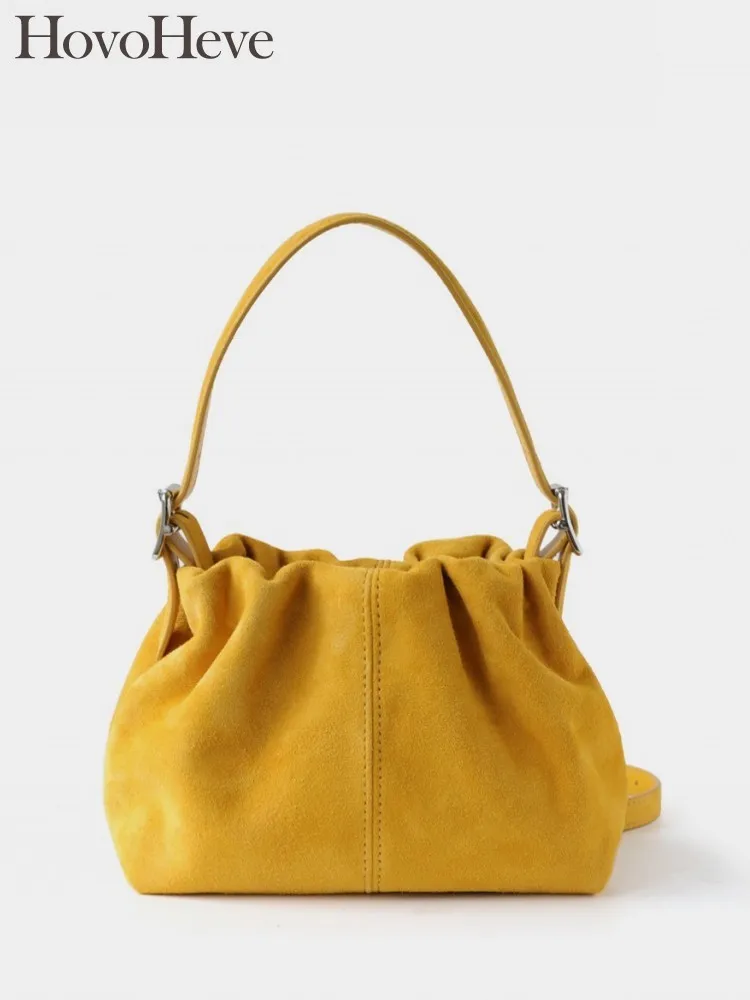 

Real Suede Women Bucket Versatile Single Shoulder Casual Genuine Leather Office Elegant Ladies Design Underarm Crossbody Bag