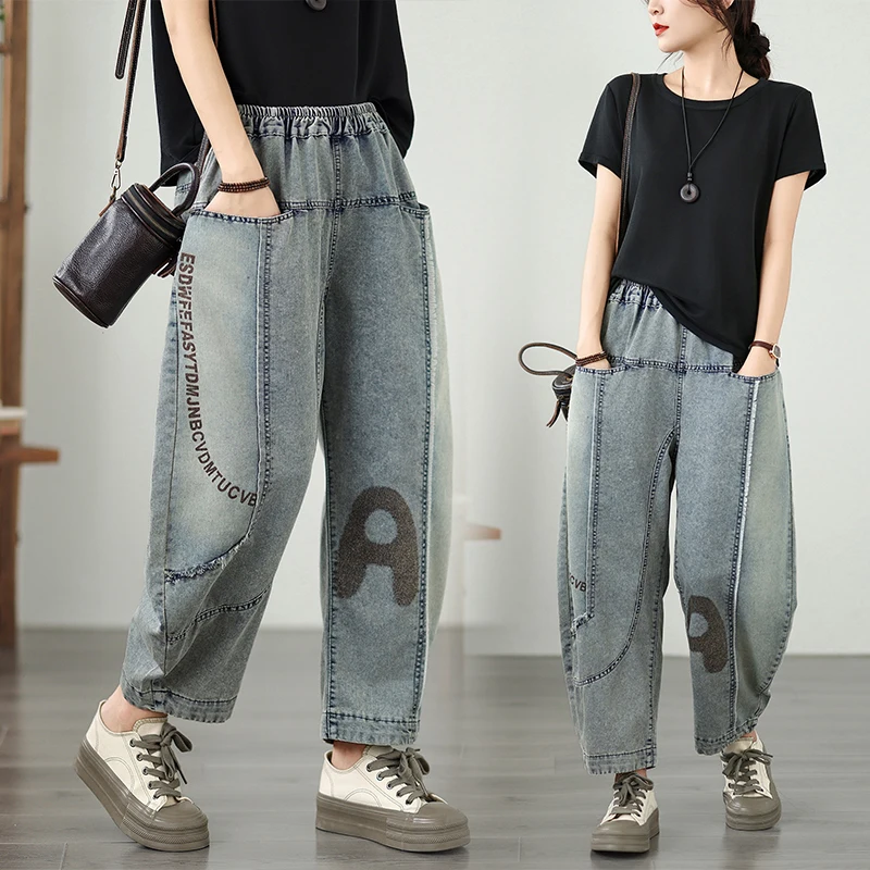 

Креативные джинсы с эластичной резинкой на талии и буквенным принтом, повседневные брюки Харлан, тонкие легкие хлопковые осенние джинсы для раннего сезона, большой размер, девять очков