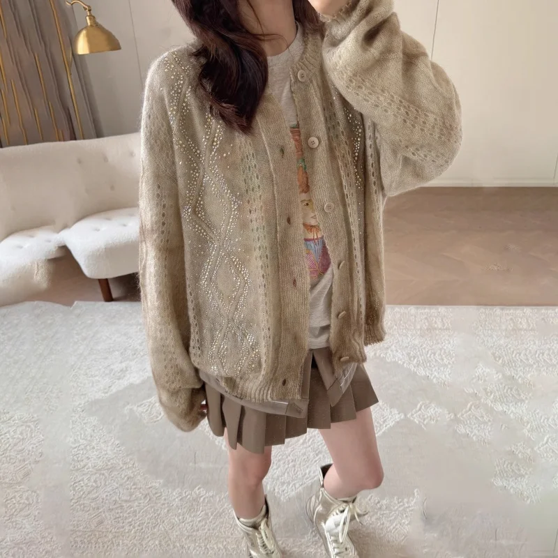 خريف جديد المرأة جولة الرقبة جوفاء خارج الماس مطعمة فضفاضة طويلة الأكمام سترة مشغولة من الصوف y2k المألوف سترة سترة غير رسمية #2