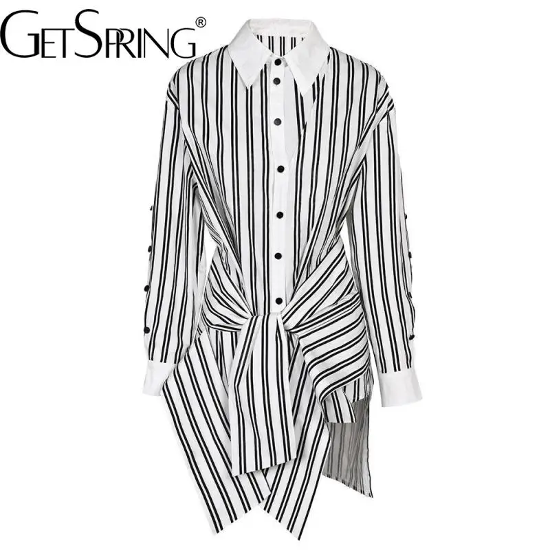 

Getspring Women Shirt 2024 Spring Summer Striped Cross Bandage Full Sleeve Blouse Fashion Loose Long Irregular Female Tops New