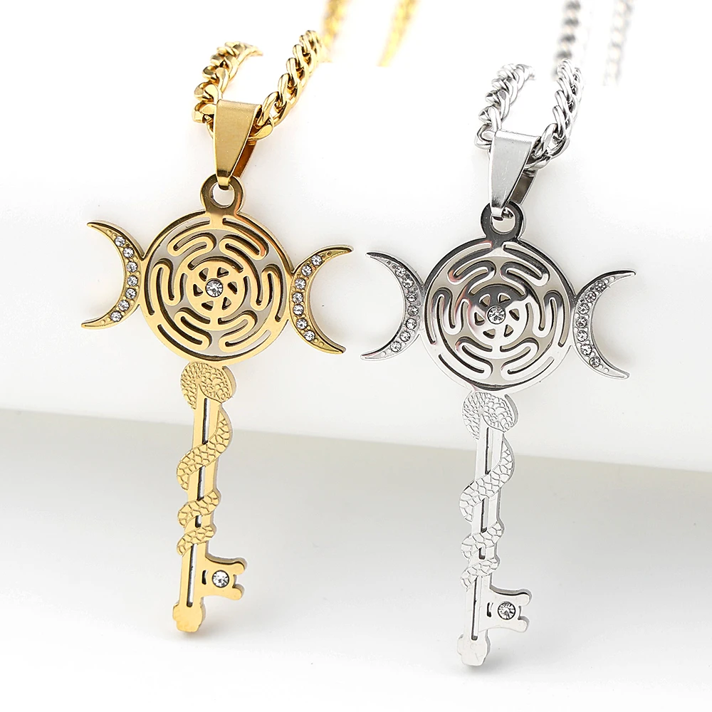 Hexerei Dreifach-Mondgöttin Schlüsselform Strass Hekate Edelstahl Anhänger Halskette Hekate Strophalos Schmuck Geschenk