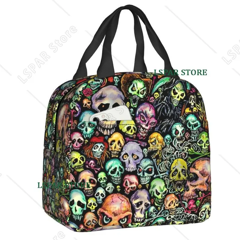 Horror Skeleton Skull Thermal Insulated Lunch Bag Women Halloween Macabre Art Lunch Tote for School Storage Food Bento Box