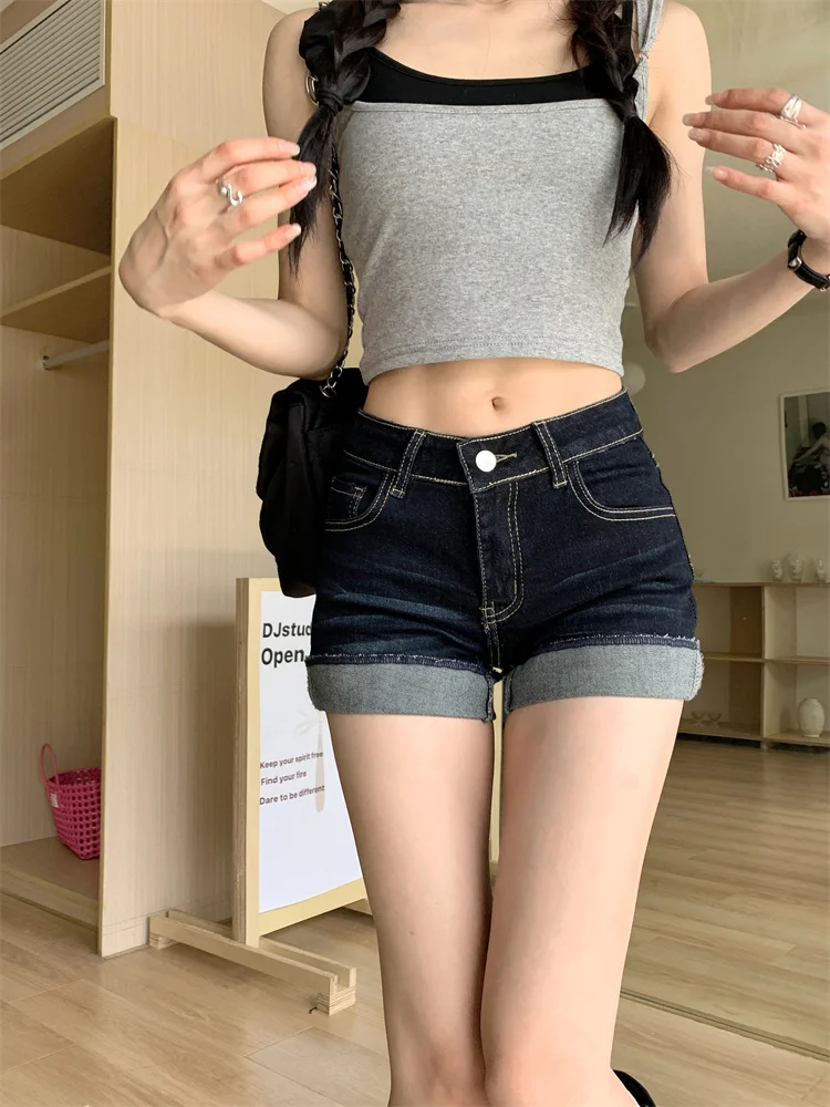 

2025 Summer Women's Y2K Jeans - High Waist Dark Blue Roll-Up Hem Denim Shorts Straight Leg Hot Pants Fashion 2512