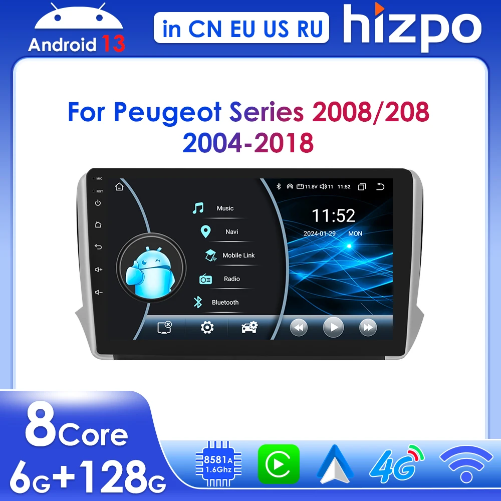 

Hizpo беспроводной Carplay для Peugeot 2008 208 2014 - 2018 Android 13 автомобильный радиоприемник мультимедийный плеер Navi GPS BT 10,1 "стерео DSP 2din