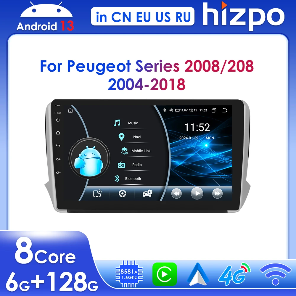 

Hizpo Wireless Carplay for Peugeot 2008 208 2014 - 2018 Android 13 Car Radio Multimedia Player Navi GPS BT 10.1" Stereo DSP 2din