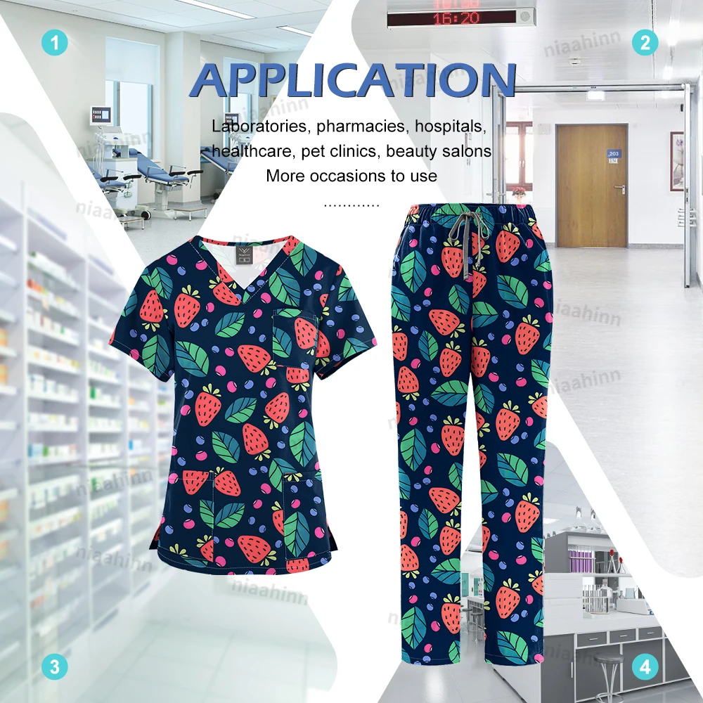 Niaahinn Uniformi infermieristiche stampate mediche all'ingrosso Donne Scrub Top Pantaloni Set Clinica odontoiatrica Salone di bellezza Abbigliamento da lavoro Uniformi spa