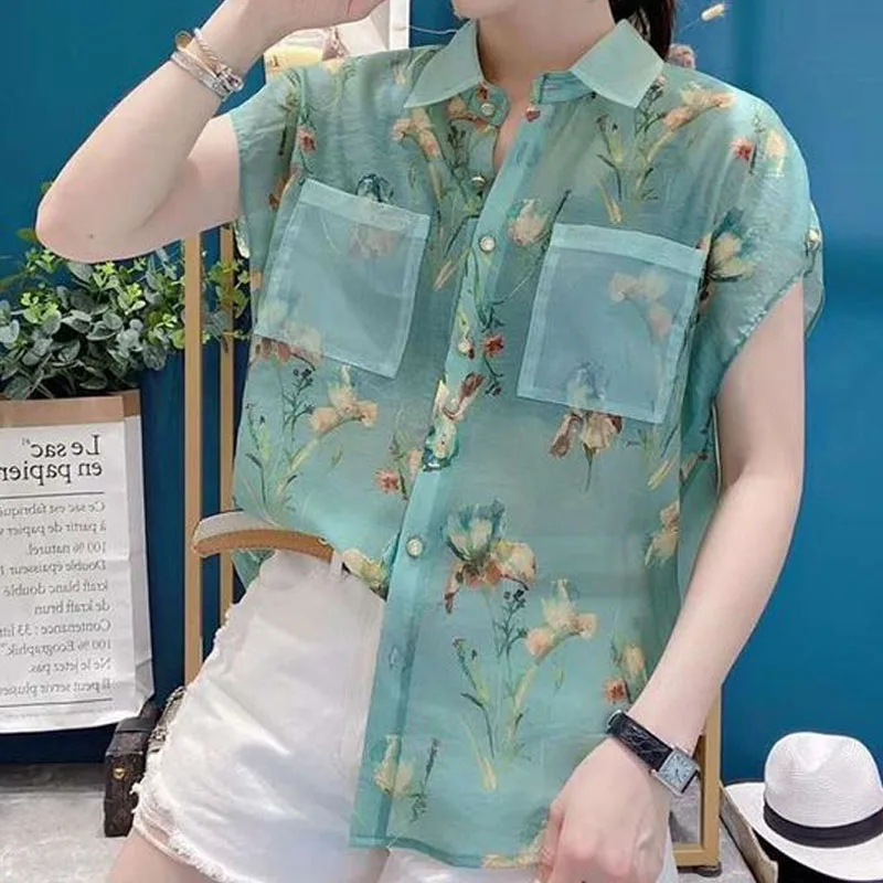 Fashion Printed Elegant Turn-down Collar Shirt Female Korean Casual Pockets Spliced Short Sleeve Blouse Summer Women\'s Clothing