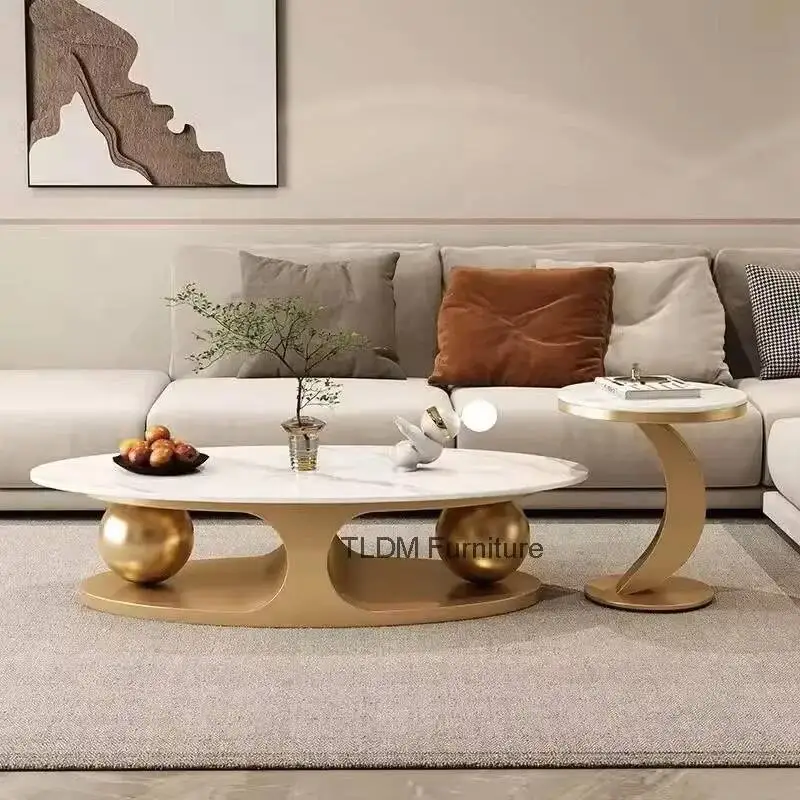 Furniture Nordic Italian Iron Tables Bright Living Room Rock Home Plate Art Coffee Corner Table Light Luxury Oval Side Table Set view 4