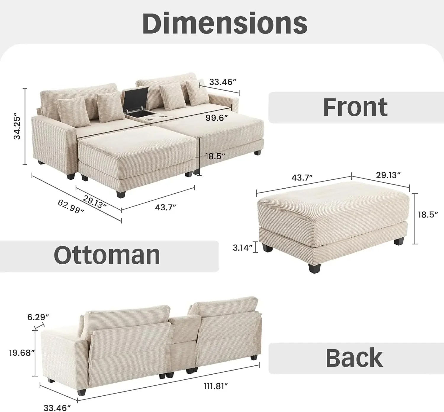 Oversized Loveseat with 2 Ottomans, 112