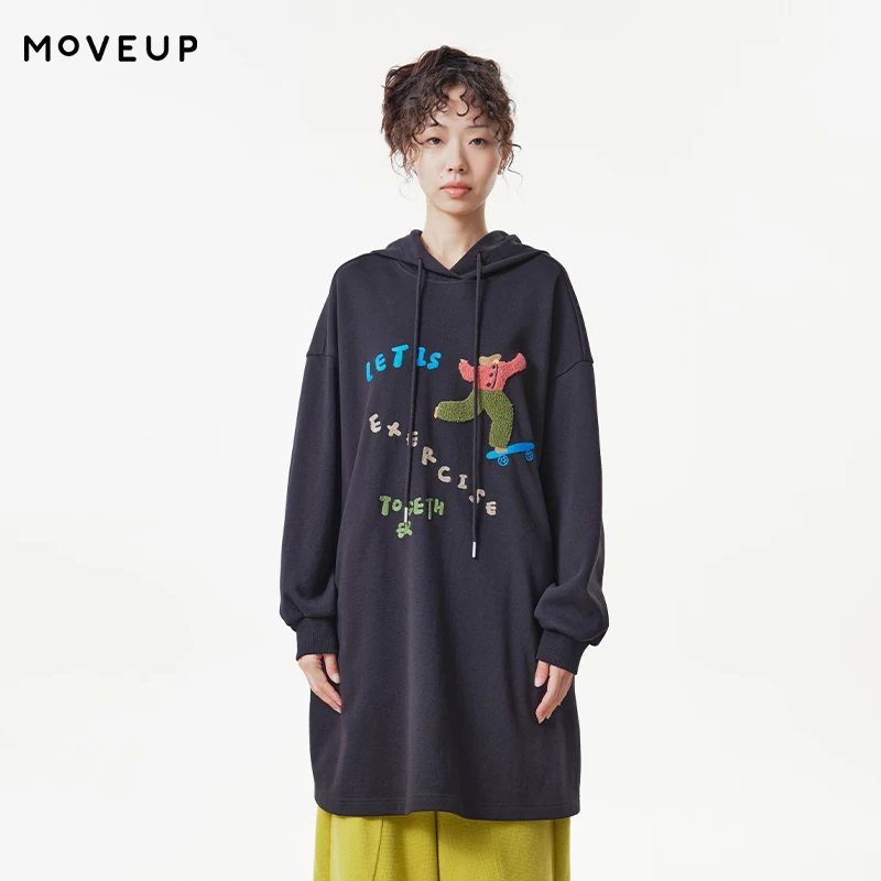 MOVEUP Women's Hooded Sweatshirt  2026 Autumn Embroidery Pattern Slant Pockets Commuter Mid‑Length Loose Pullover Top 3ELQ11417