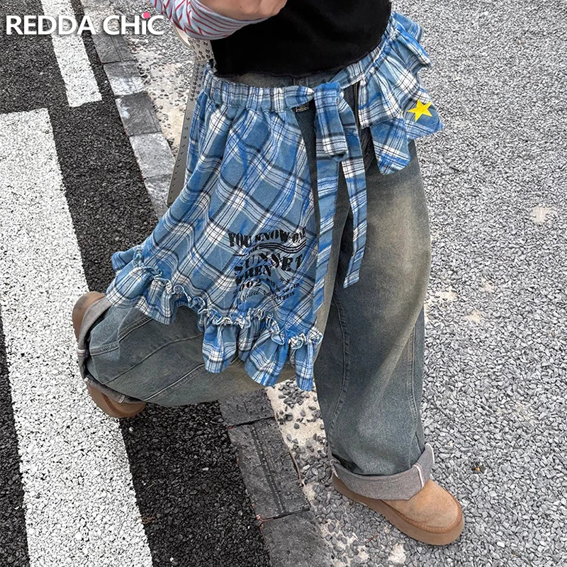 

ReddaChic, летняя модная клетчатая женская накидка с эластичной резинкой на талии, звезда, рюшами по краю, мини-юбка с запахом, женская серая одежда Y2k