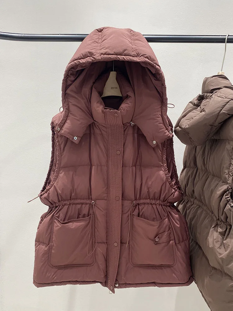 

Autumn Winter Solid Loose Hooded Down Vest Female Zipper Drawstring Warm Waistcoat Outwear Women White Duck Down Big Pocket Vest