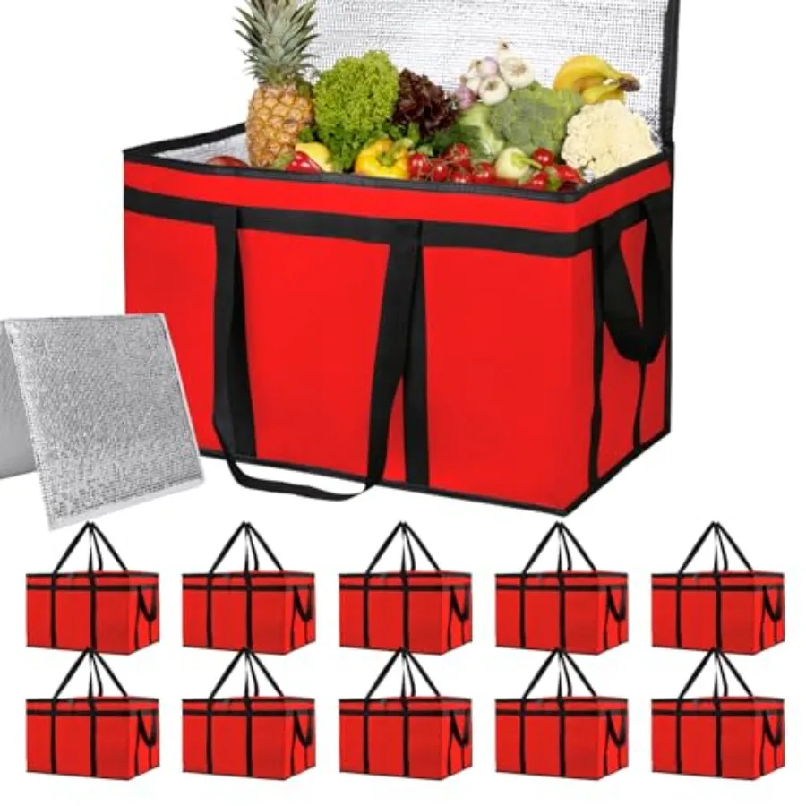 Paquete de 10 Bolsas Grandes para Entrega de Alimentos con Aislamiento Térmico y Base Rígida, Bolsas Térmicas para Pizza y Catering, Contenedor de Poliestireno para Alimentos Fríos/Calientes