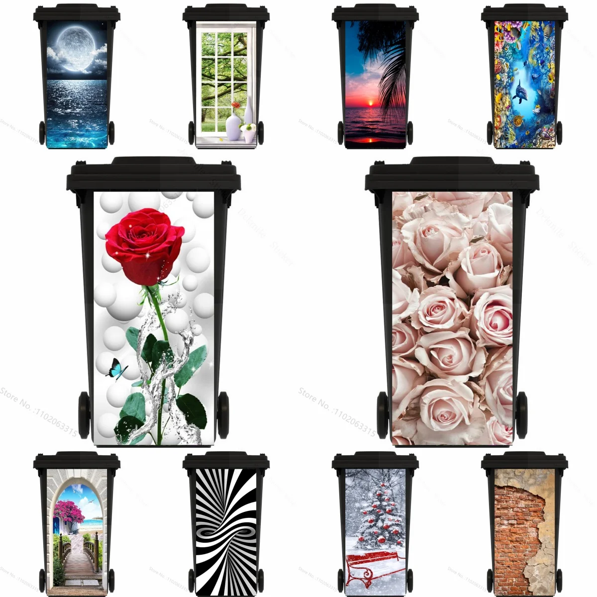 Flowers Trash Can Mural Stickers Self-Adhesive Removable Kitchen Rubbish Bin Landscape Decorative Outdoor Garbage Can Art Decals