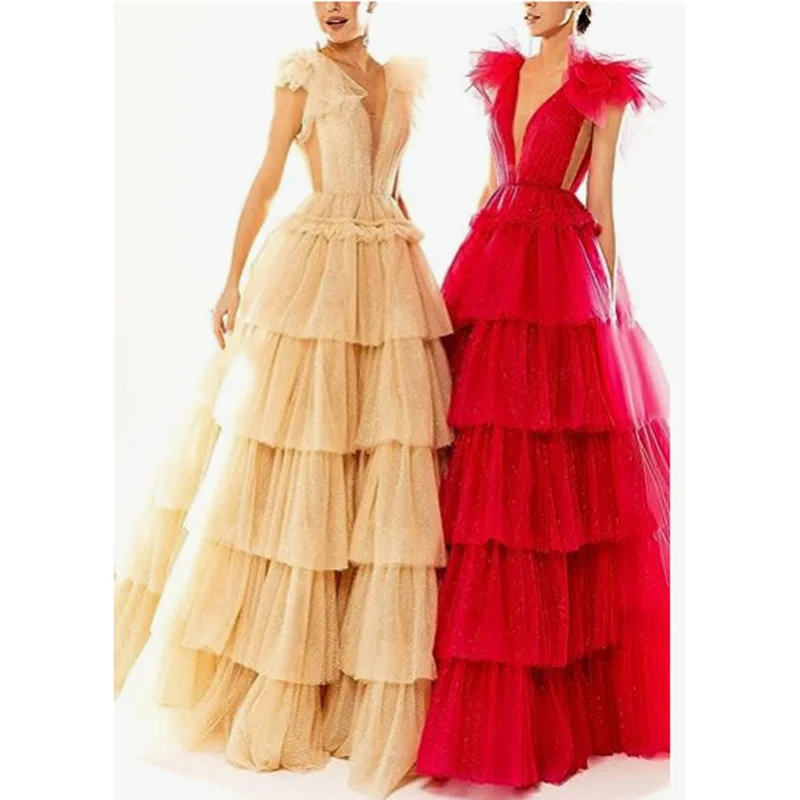 

Red A Line Women Evening Dresses Tulle Tiered V Neck Prom Party Gowns Formal Vestido De Noche robes de soirée