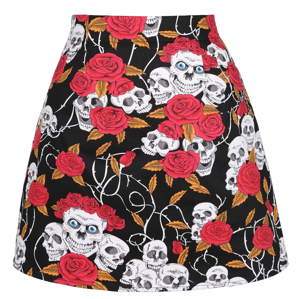 SISHION Rose Skull Print Sexy Black Mini Skirt SS0008 Women Ladies Cotton Halloween Party Floral Skirt Short Gothic Skirts