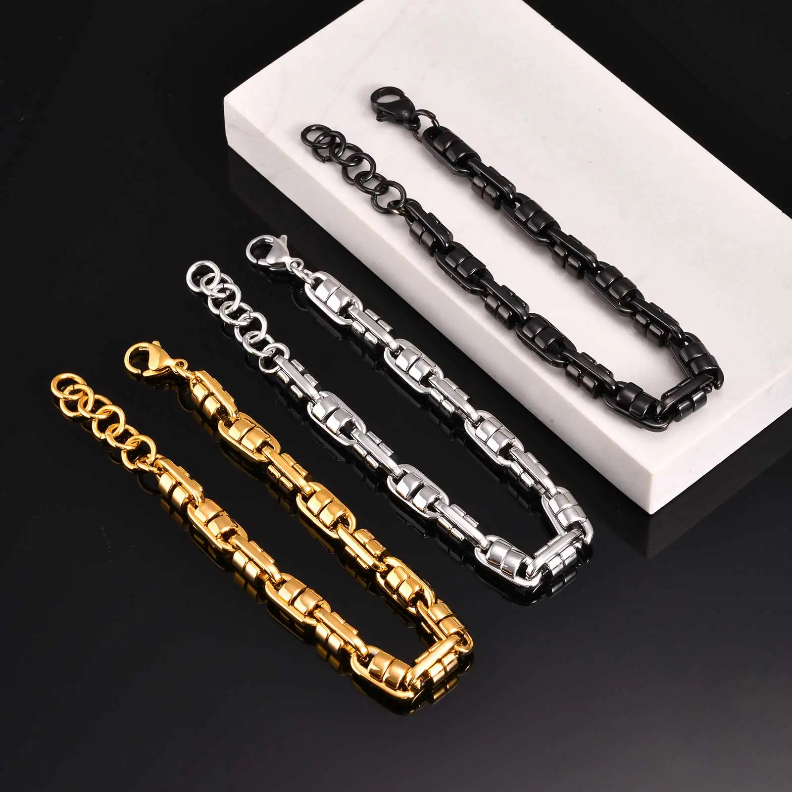 Pill Shaped Chain Bracelet for Men Boys,Chunky Stainless Steel Chain Links Wristband,Rock Punk Trendy Jwelry Gifts