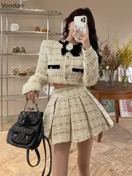 Autumn Winter Korean Skirts 2 Piece Set Women Elegant Bow Short Tweed Jacket Coat Mini Skirt Suit Female Sweet Two Piece Outfits