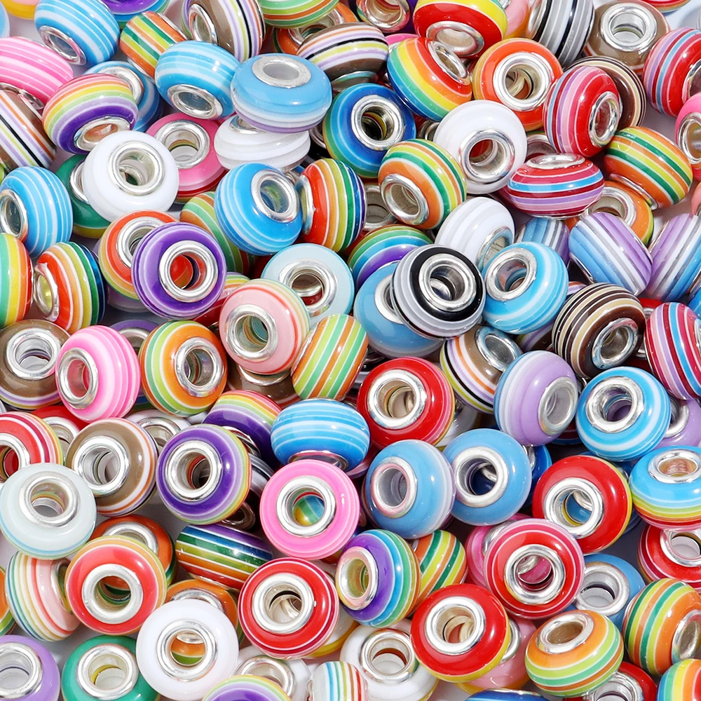 20 stücke 14x8,5mm Harz Perlen Regenbogen Streifen Flache Runde Große Loch Lose Perlen Für Schmuck Machen DIY armbänder Halskette Zubehör