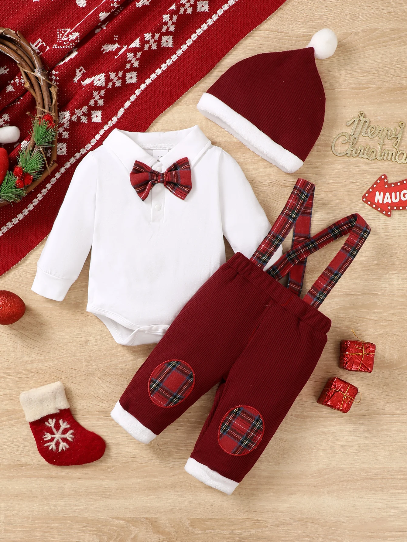 4pcs Baby Boy Long Sleeve Triangle Romper Suit with Bow Tie & Overalls Outfit Includes Hat  Winter Outdoor Wear Christmas Gift