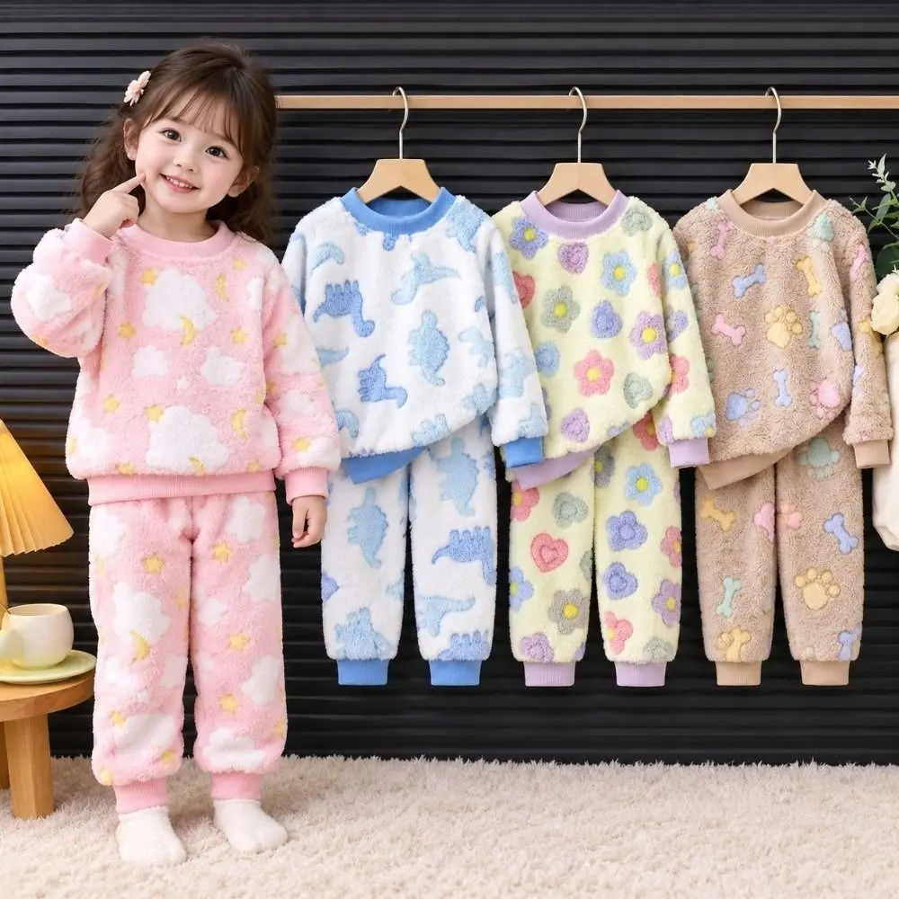 Soft Thickened Flannel Kids Pajamas Suit Cartoon Print Warm Toddler Sleepwear Sets Elastic Waist Pants Kids Homewear Home Wear