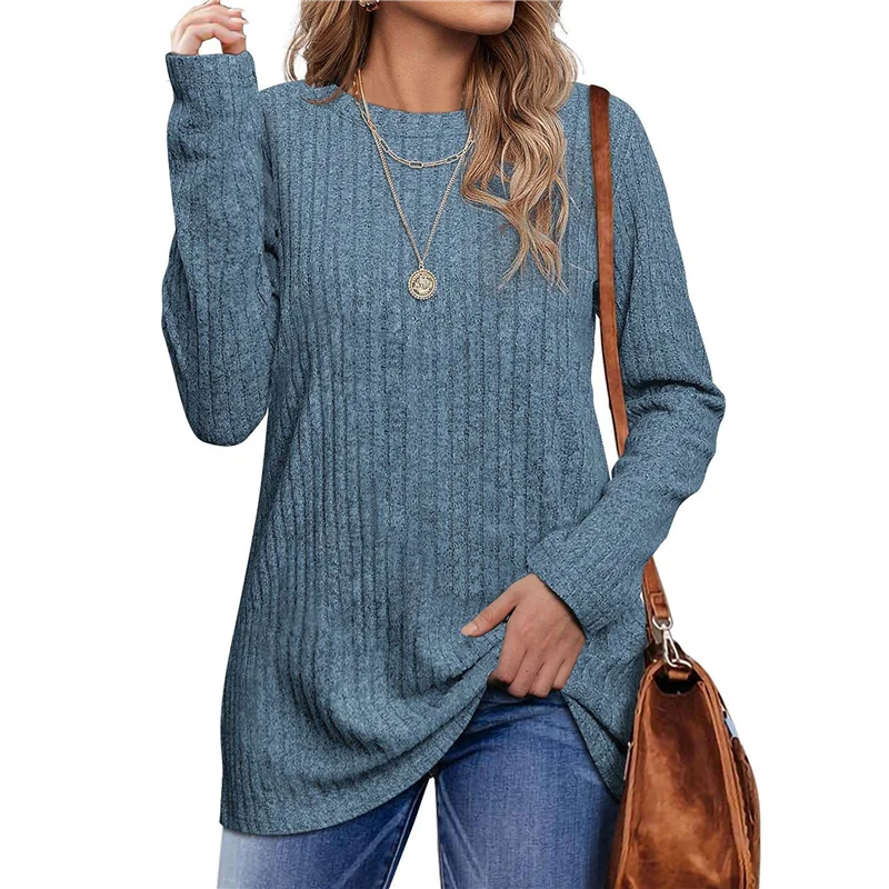 

ABRT-Long Sleeve Shirts For Female Loose Fit Crew Neck Blouse Dressy Casual Fall Winter Pullover Outfits Blue L