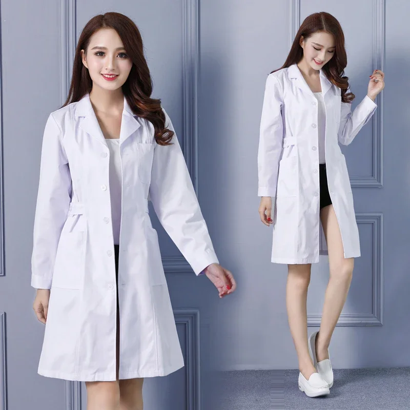 Uniformes médicos de manga curta feminina, jaleco branco, cinto de cintura ajustável, médico, vestido de enfermeira, manga longa, moda