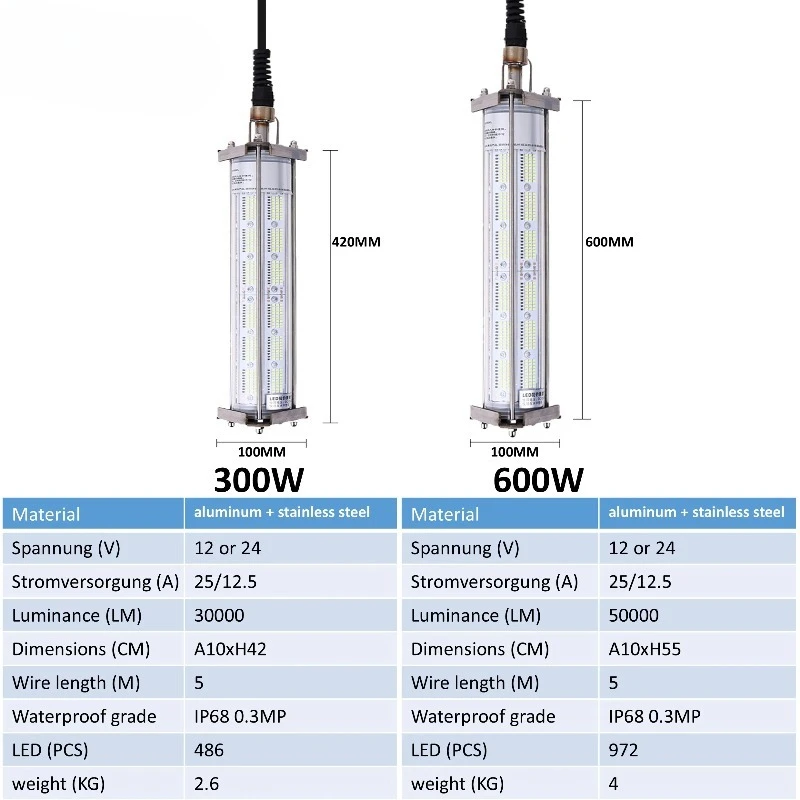 12V 24V 300W 600W Dimming Deep Water Fishing Light Lamp Squid Swallow Eel Lure Catching 6000K Ip68 for Sea Fishing