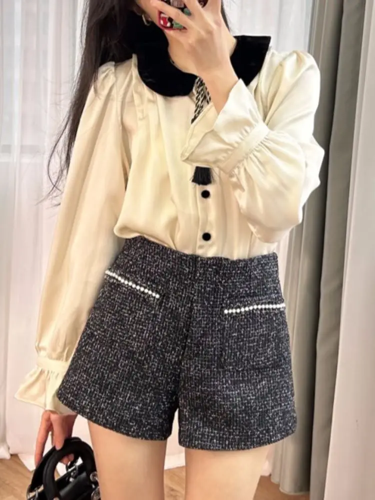 Women Pearl Decoration Shorts High Waist Straight Fashion Summer 2024 Short Pants