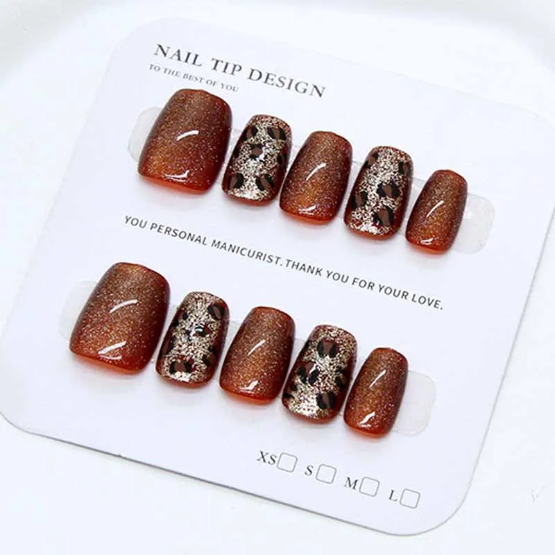 Faux ongles haut de gamme pour femmes, couleur Caramel, motif léopard fin et brillant, yeux de chat, à pression, assortis avec tout, couverture complète, 10 pièces