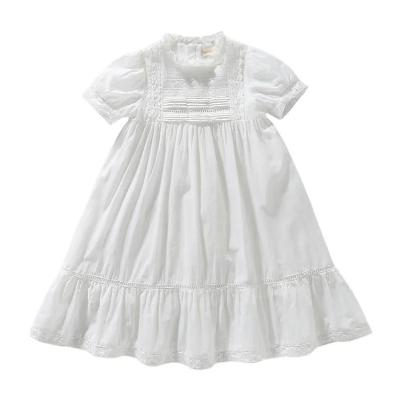 Girls' lace patchwork dress, stylish children's short sleeved princess dress, little girls' summer vacation style, long skirt
