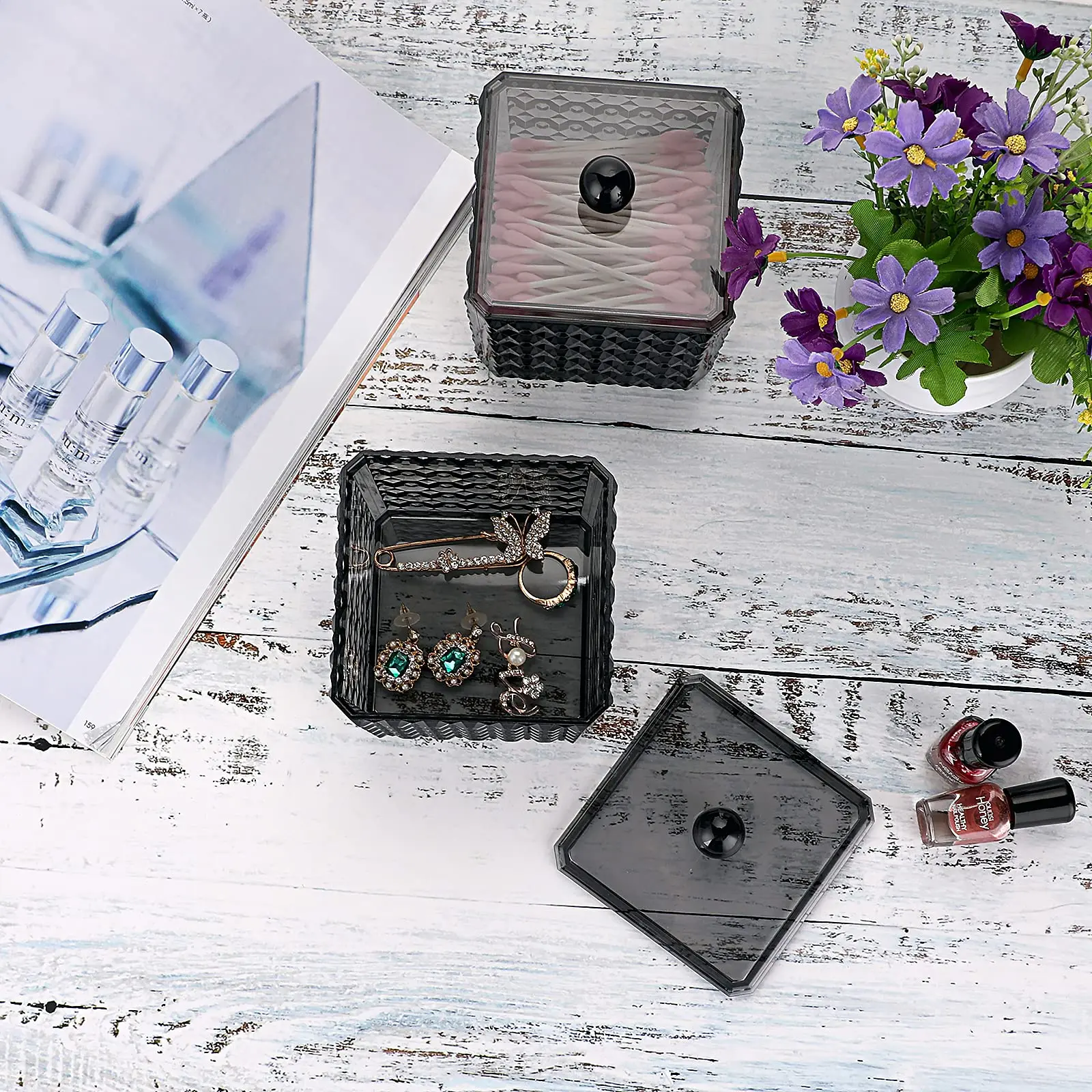 4Pcs Cotton Swab Ball Pad Holder Acrylic Apothecary Jar Dispenser Cotton Balls Canister Jar with Lid, Bathroom Storage Organizer