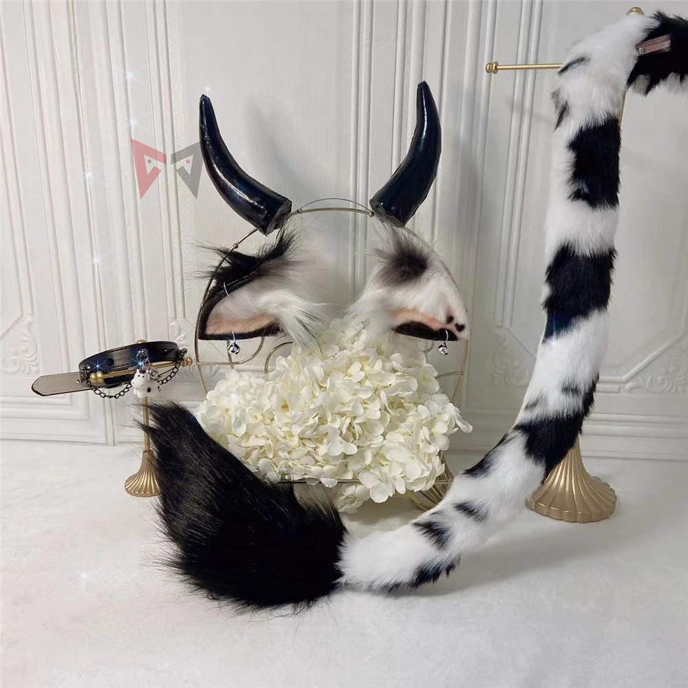 

MMGG New Dairy Cow Ox Ears Horns Hairhoop Beast Fox Style Headwear Tail Necklace Of Carnaval Cosplay Costume Accessories