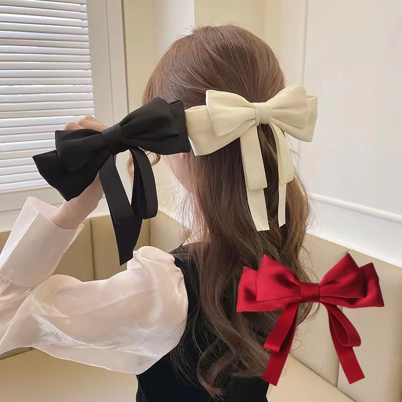 

Elegant Bow Ribbon Hair Clip Fashion Simple Solid Satin Spring Clip Hair Pin Retro Headband with Clips Girls Hair Accessories