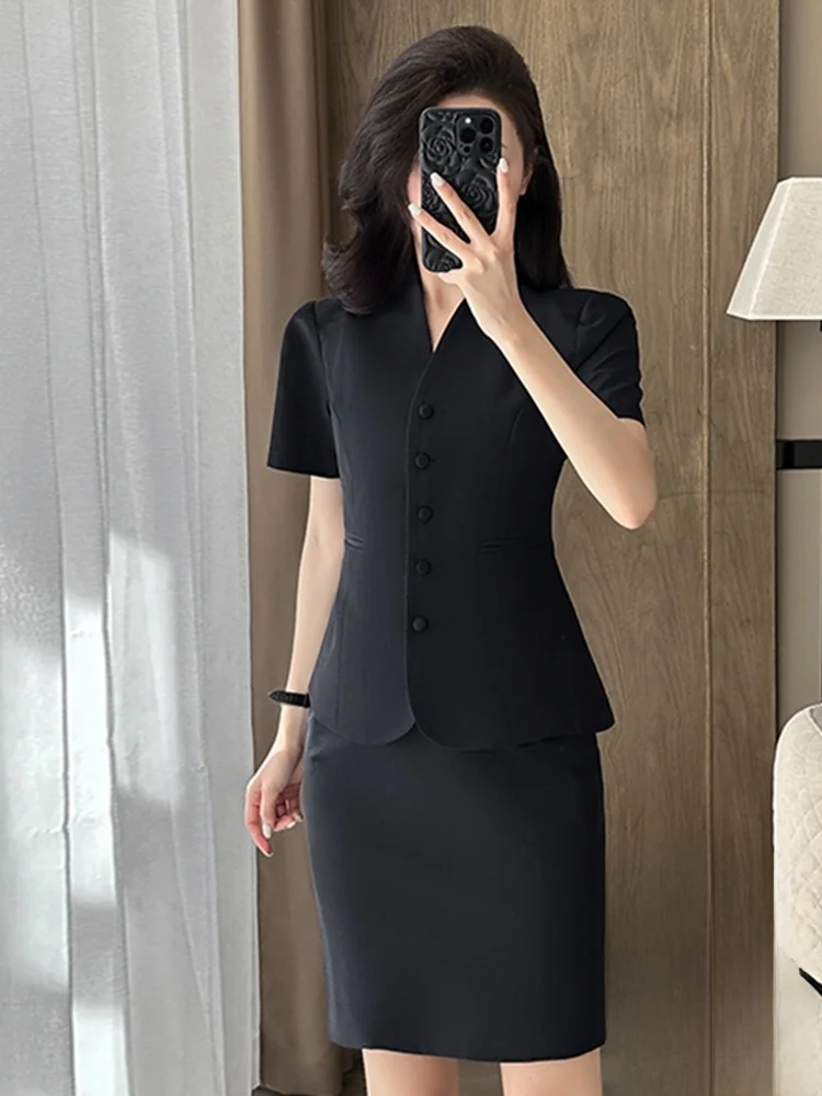 Professional Short Sleeve Women's Suit Set Summer Workwear for Jewelry Store Beauty Salon Front Desk Reception Formal Outerwear