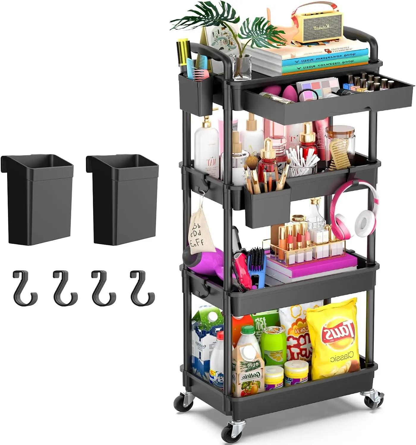 

4-Tier Rolling Utility Cart with Removable Drawer, Lockable Wheels for Kitchen, Bathroom & Craft Storage