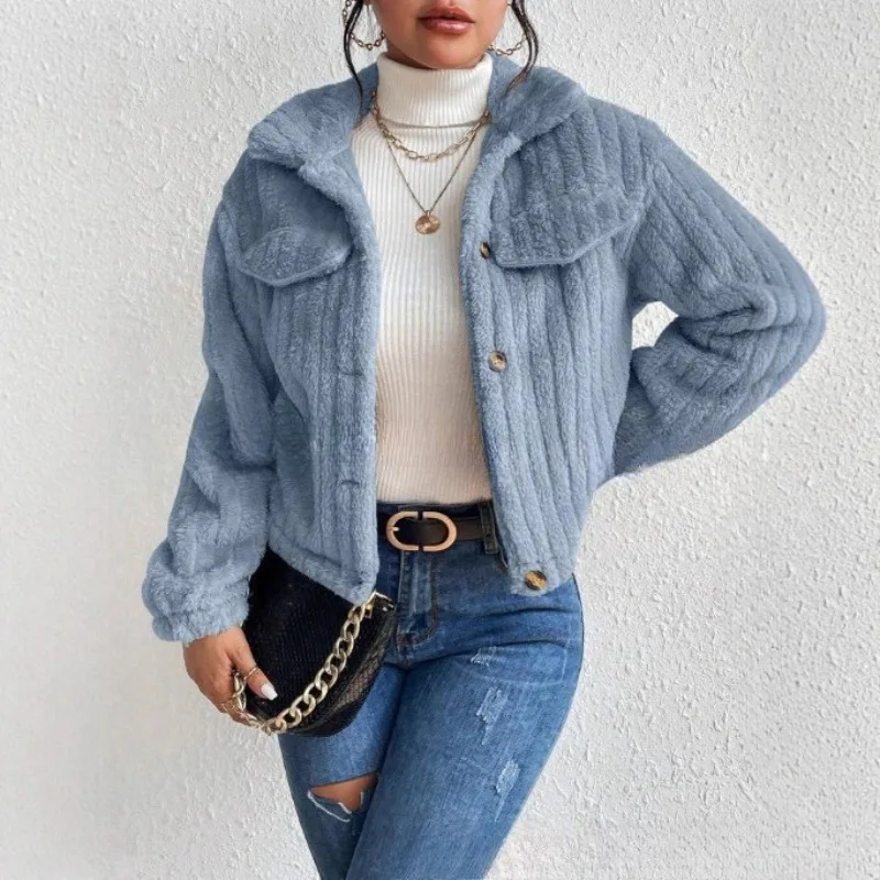 Autumn and Winter Plush Jacket with Lapel  Fleece-lined Warm  Fashionable Short Style Thickened Women's Casual Coat