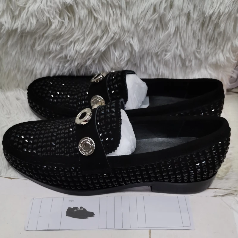 

Metal Buckle Casual Men's Shoes Black Rivet Studded Flats Shoes Round Toe Slip On Loafers Genuine Leather Party Business Shoe