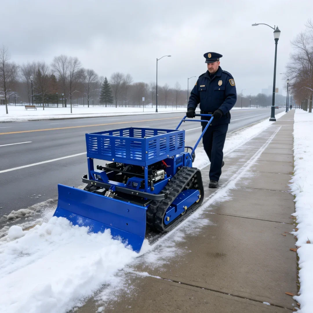 

Customized Industrial Cordless Remote Control Lawn Mower with Flail Cutting Snow Pusher and Storage Rack for Farm & Garden Use