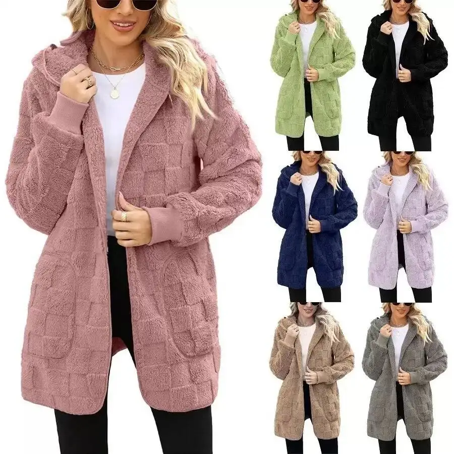 Autumn Winter Women Hooded Plush Velvet Coats Oversized Up Fuzzy Casual Cardigan Warm Outerwear Lady Jacket