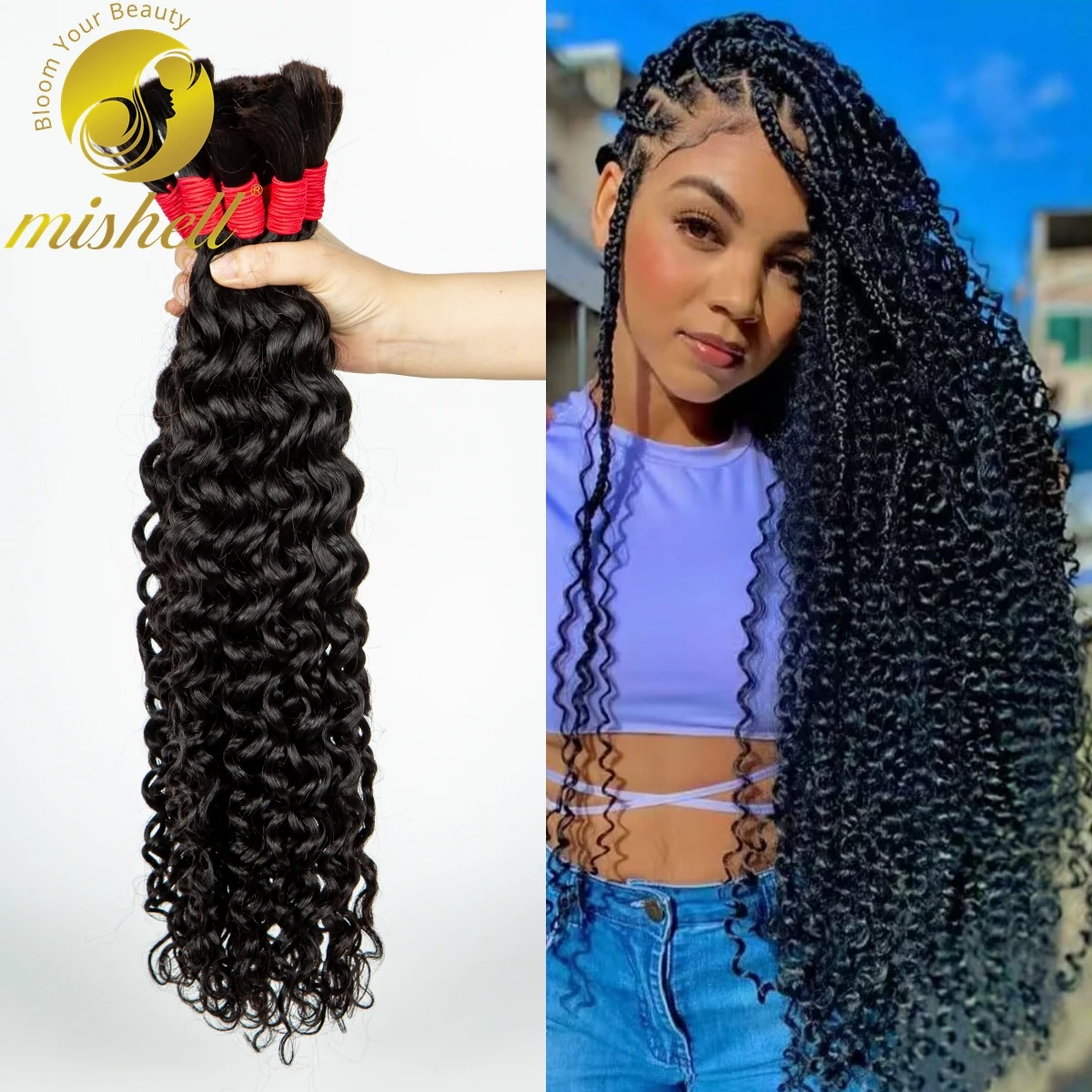 Extensiones de cabello humano ondulado al agua para trenzas bohemias, pelo 100% virgen rizado, Color Natural, 28 pulgadas, a granel, sin trama