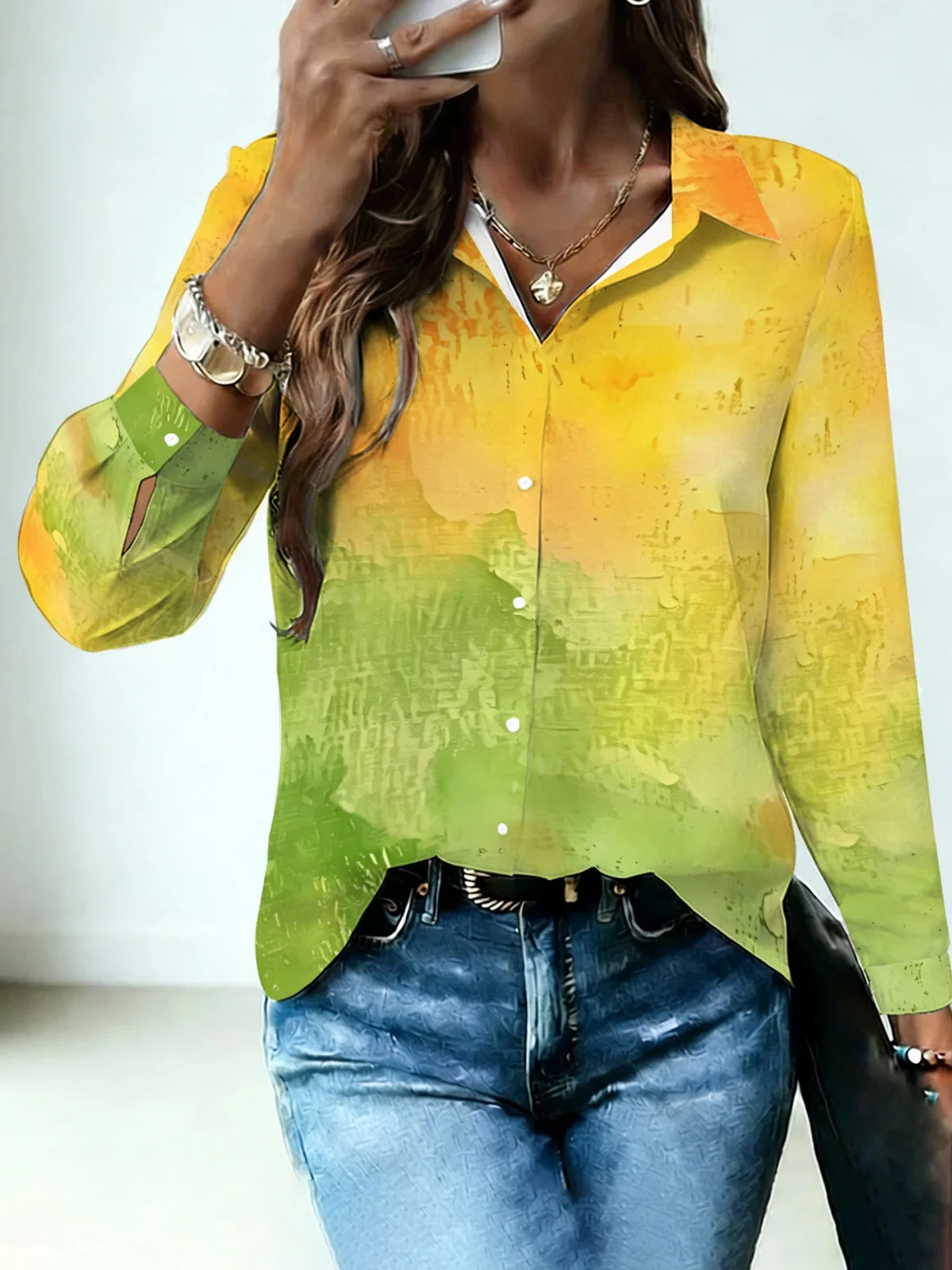 Vibrant Spring Wash Texture Print Women Lapel Blouse Yellow Green Gradient Hand Painted Abstract Rough Long Sleeve Beach Camping