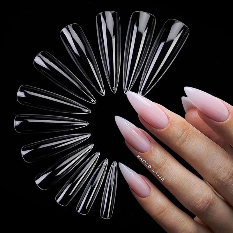 48Pcs False Nail Tips Clear Transparent Long Coffin Almond Full Cover False Tips Multi Size Nail Art Tool Decoration