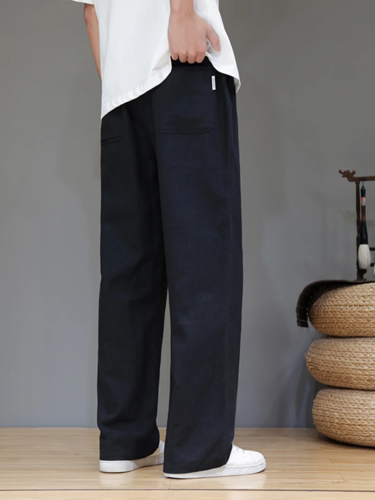 

Новые китайские мужские летние тонкие прямые брюки свободного кроя из льна и хлопка, повседневные, широкие, струящиеся