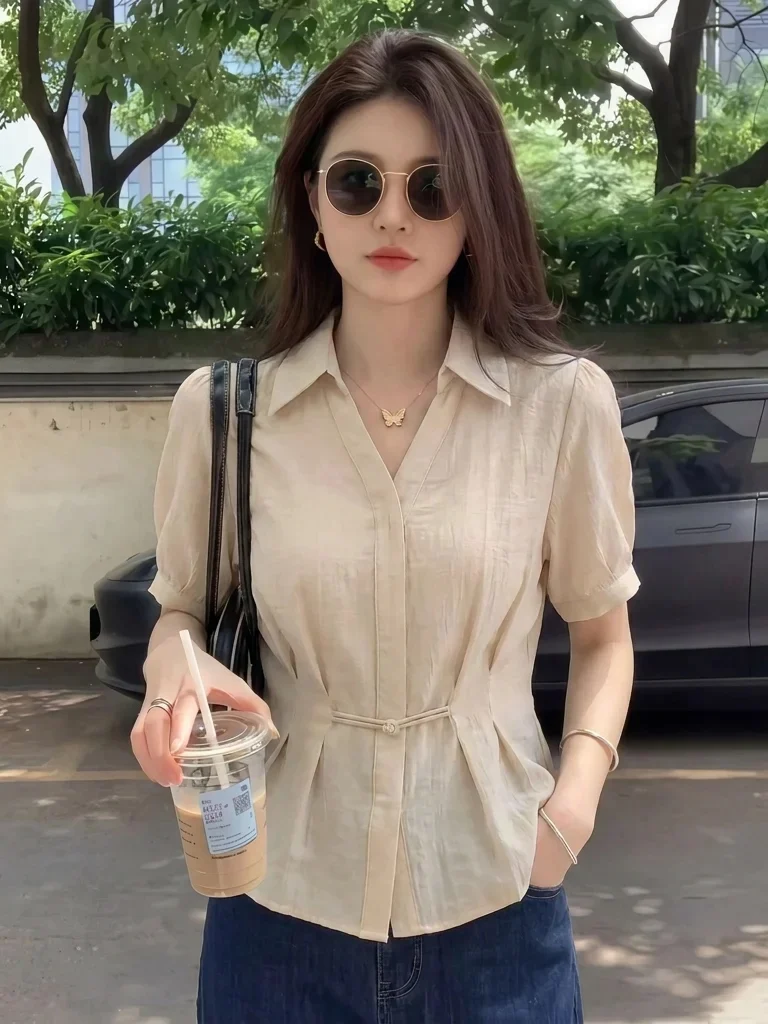 

Slim Fit Cotton Linen Shirt Women's V Neck Short Sleeve Waist Cinched Thin Summer New Style Korean Version Commute Wind